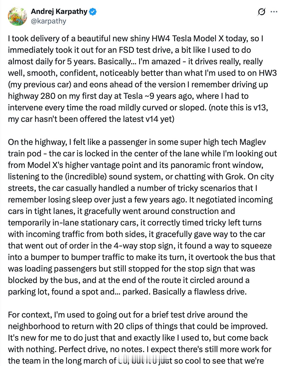 特斯拉前人工智能总监 Andrej Karpathy 写了一篇巨长的帖子夸 HW