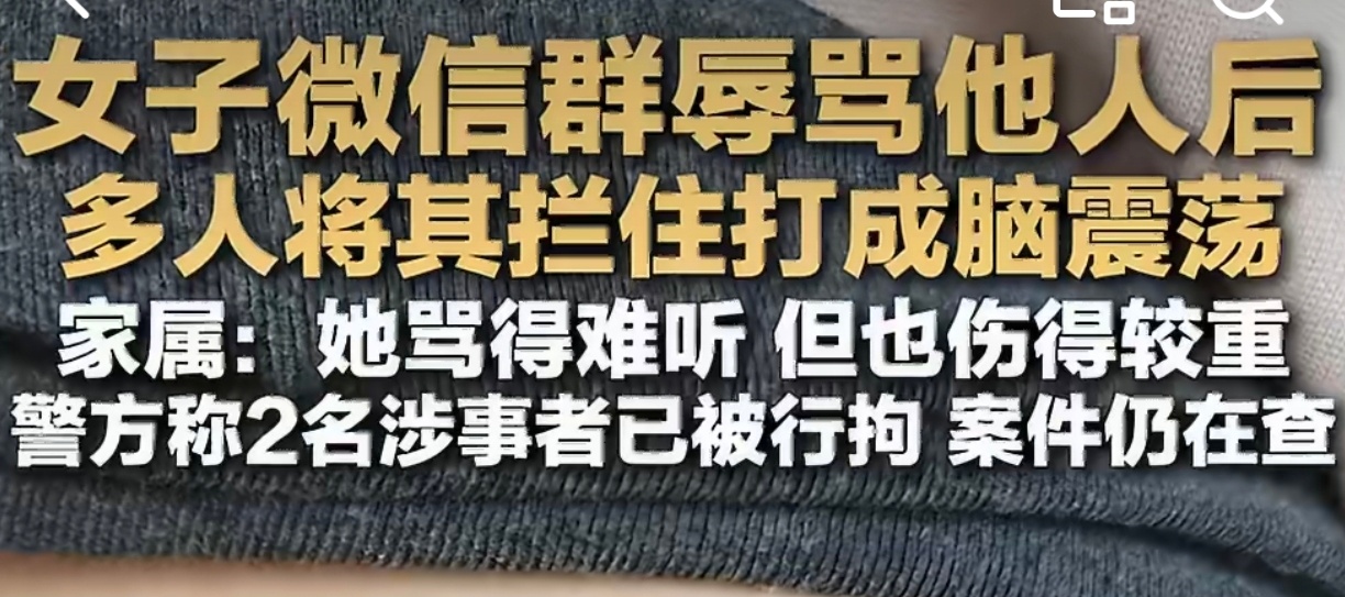 女子微信辱骂他人被多人围殴成脑震荡话得讲的多难听啊？为啥还围殴她？什么话讲不开…