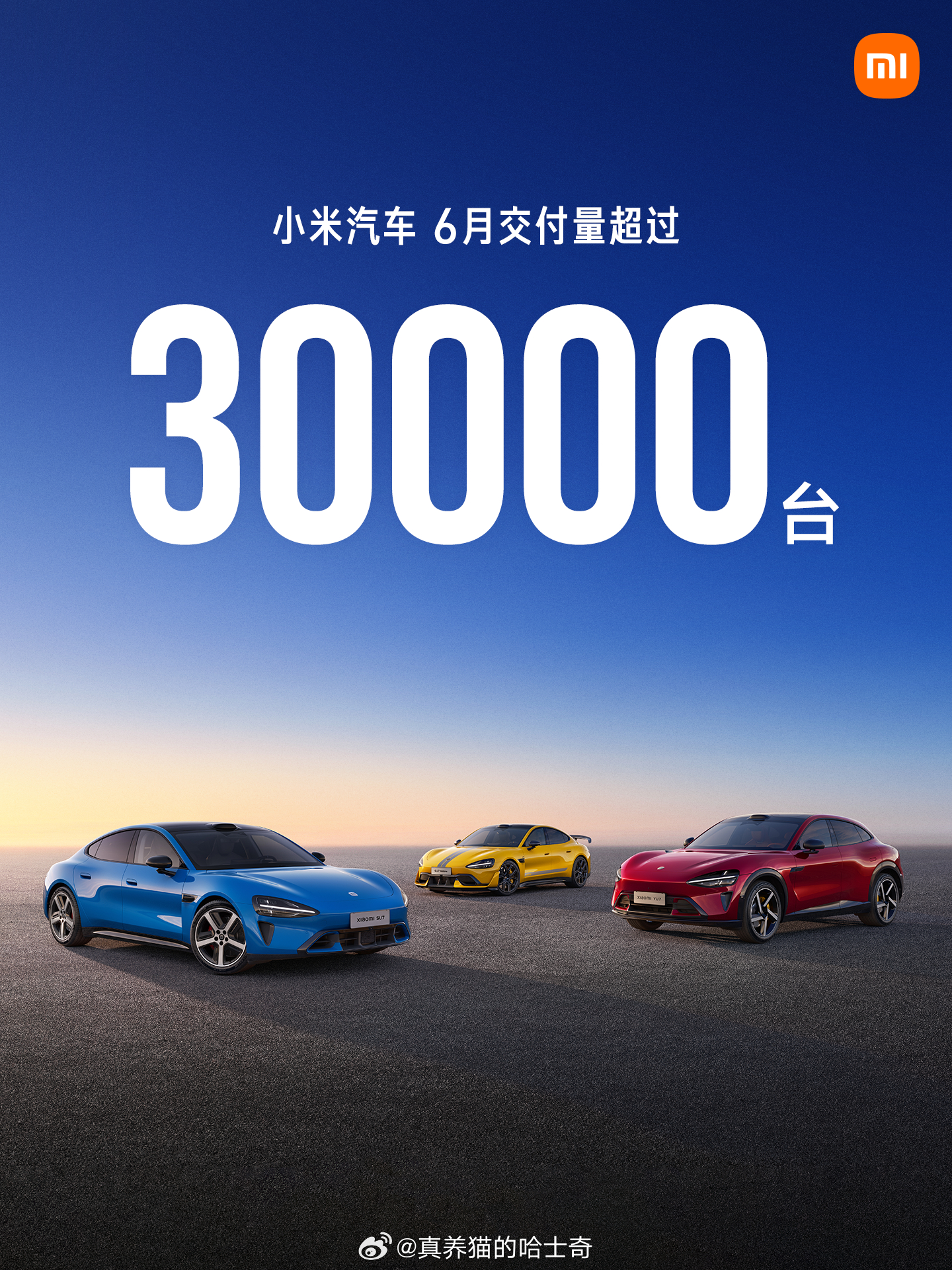 6月，小米汽车交付量超过30000台。 