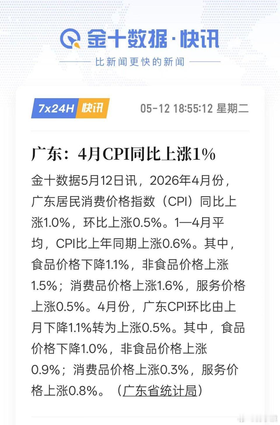 广东：4月CPI同比上涨1% 
