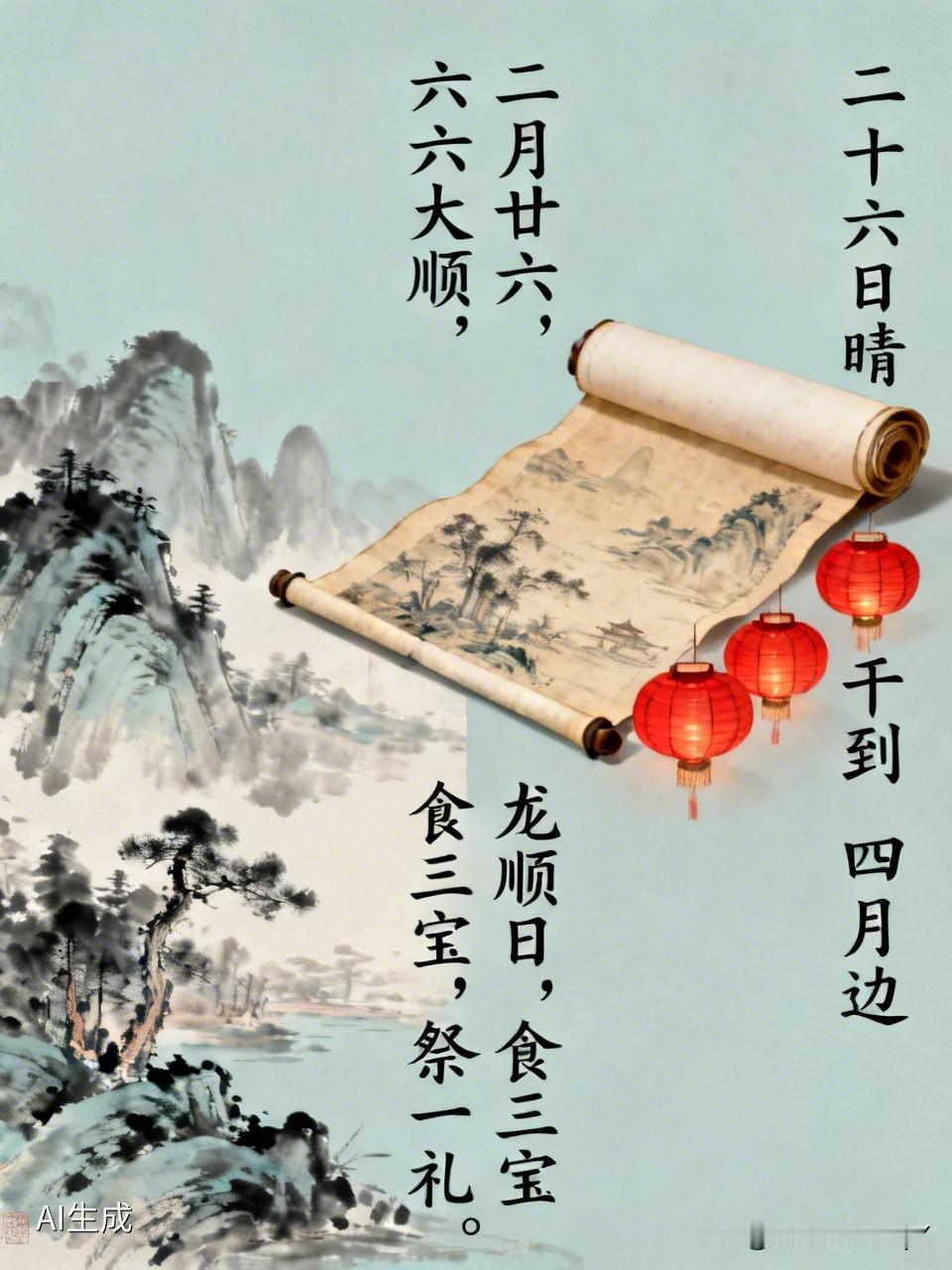 今天是农历二月二十六，民间有如下俗语
一、吉祥祝福语
- 二月廿六，六六大顺
借