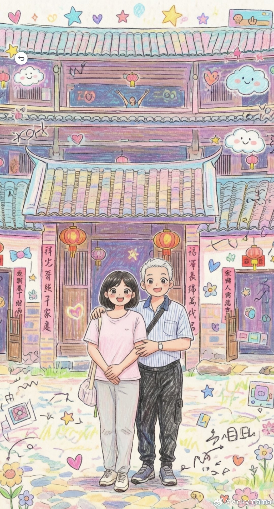 梅州客家围屋前的合照，转换成绘画效果，还挺有本身的气质。珍惜日后每一次旅途的好感
