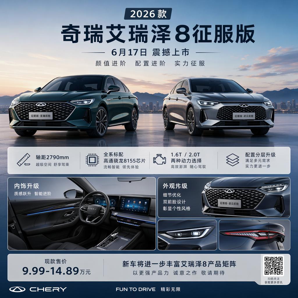 6 月 17 日，2026 款奇瑞艾瑞泽 8 征服版正式迎来上市。新车没有大刀阔