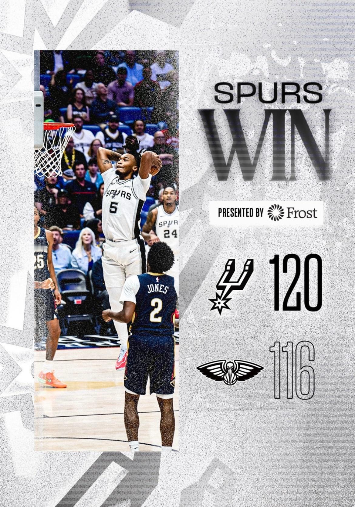 全场比赛结束！马刺客场120-116加时险胜鹈鹕，开季两连胜🎉马刺（2-0）：