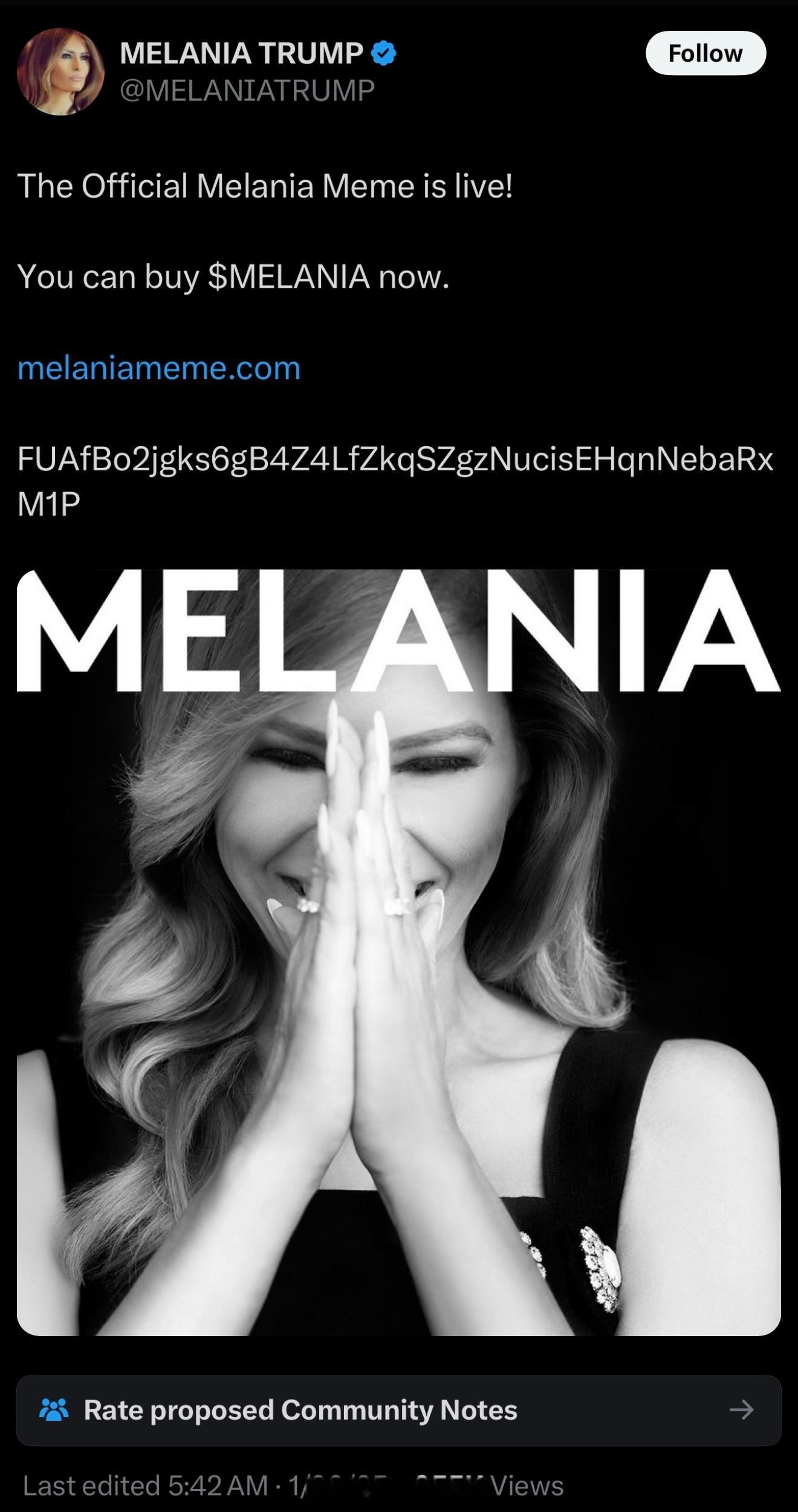 Melania 也发币，川币暴跌40%。 