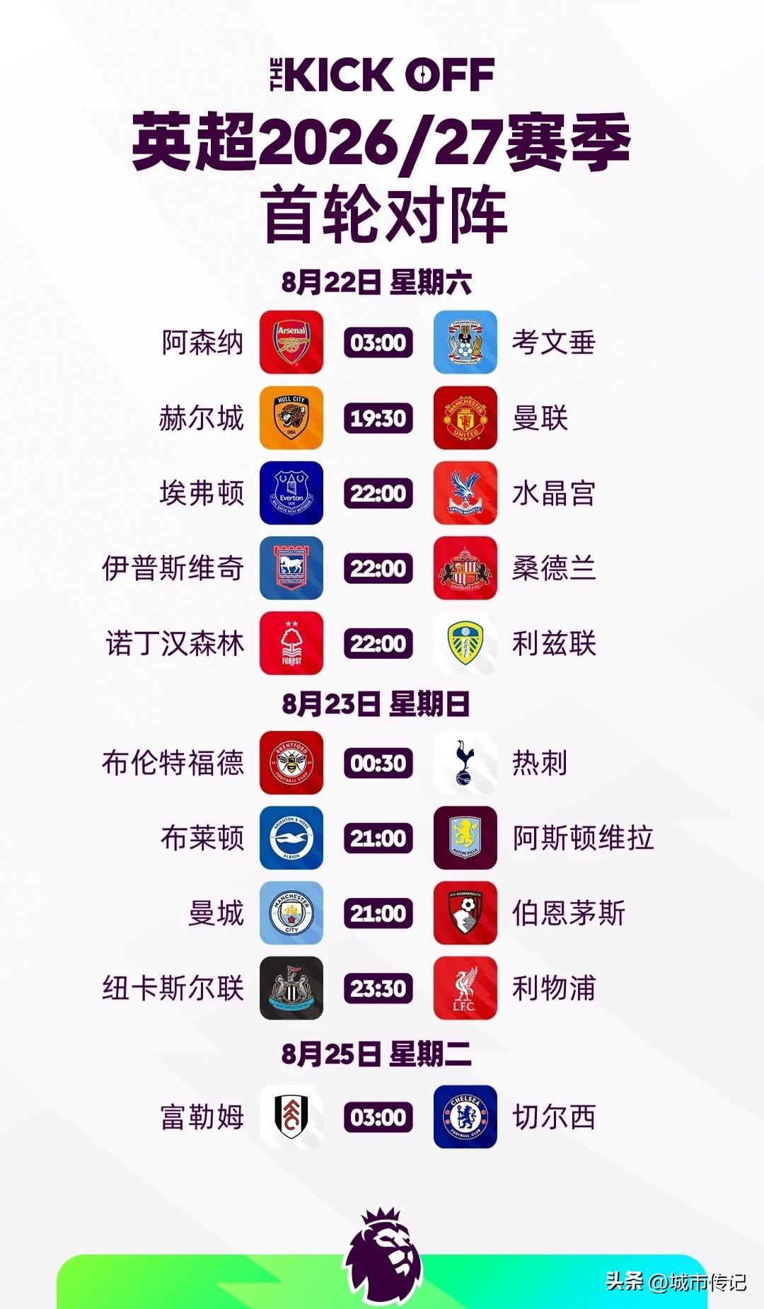 欧洲五大联赛之中倍受关注的英超联赛2026/27赛季比赛将于2026年8月22日
