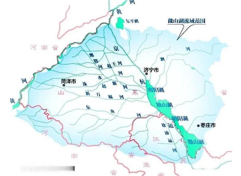 微山湖“流域水系、湖区范围、卫星影像”系列图景。广义的微山湖，位于山东与江苏交界