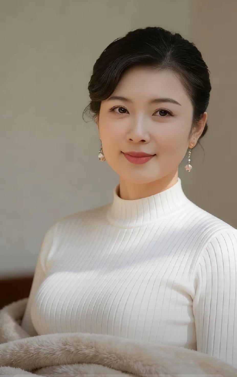 优雅气质，温柔微笑，珍珠耳环点缀，白色高领毛衣，温暖如春。