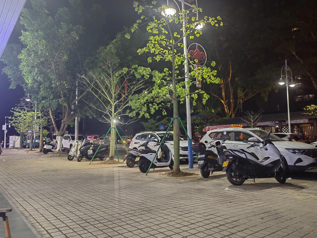 夜晚街头的静谧，绿树掩映下的停放车辆，灯火阑珊处的人间烟火。