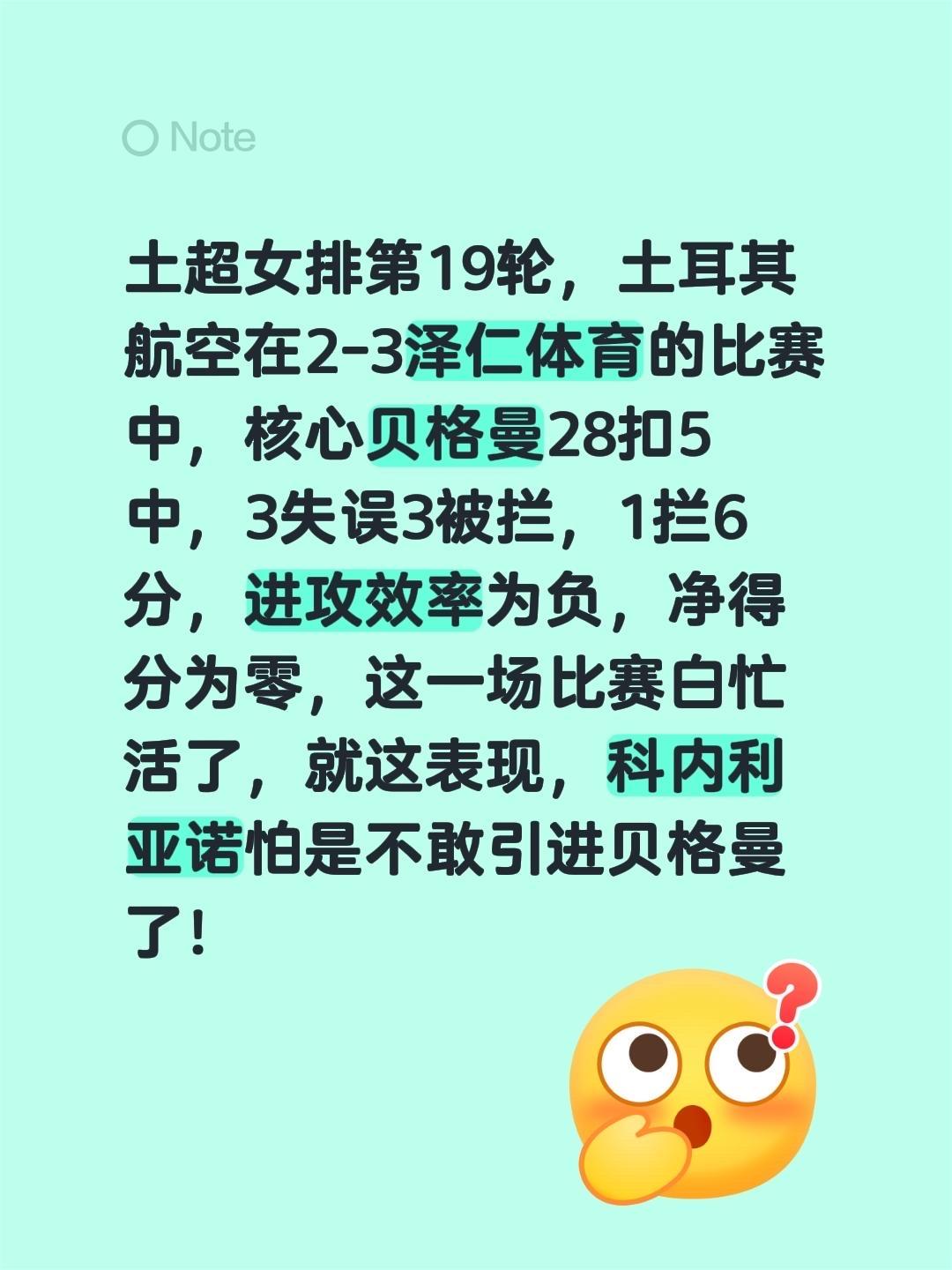 土超女排第19轮，土耳其航空在2-3泽仁体育的比赛中，核心贝格曼28扣5中，3失