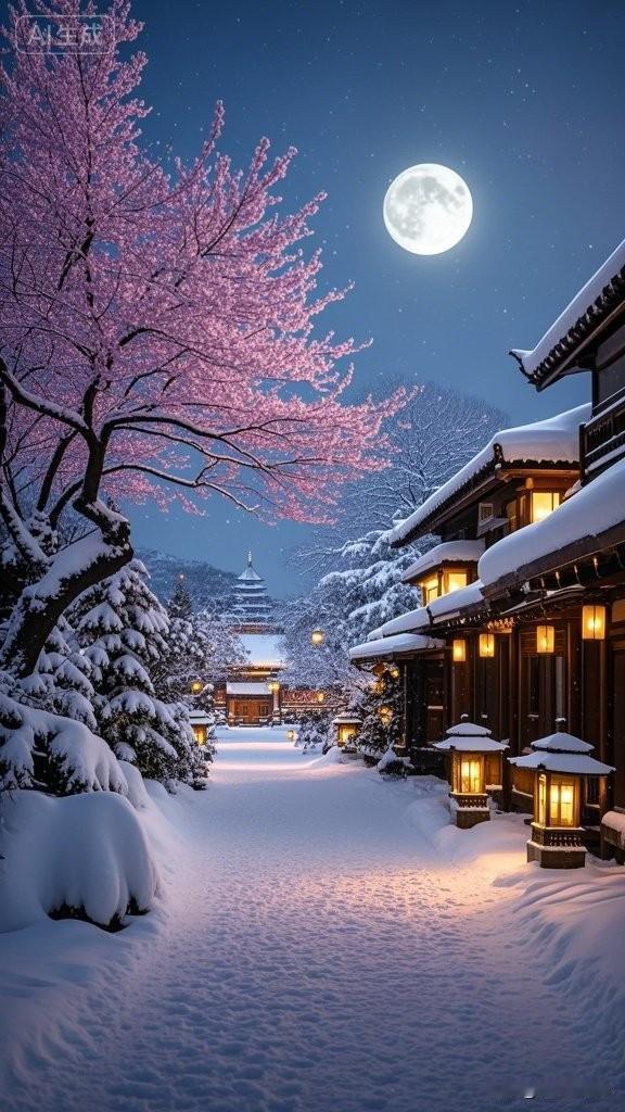 冬日雪景中的樱花树，唯美宁静，仿佛置身于童话世界。