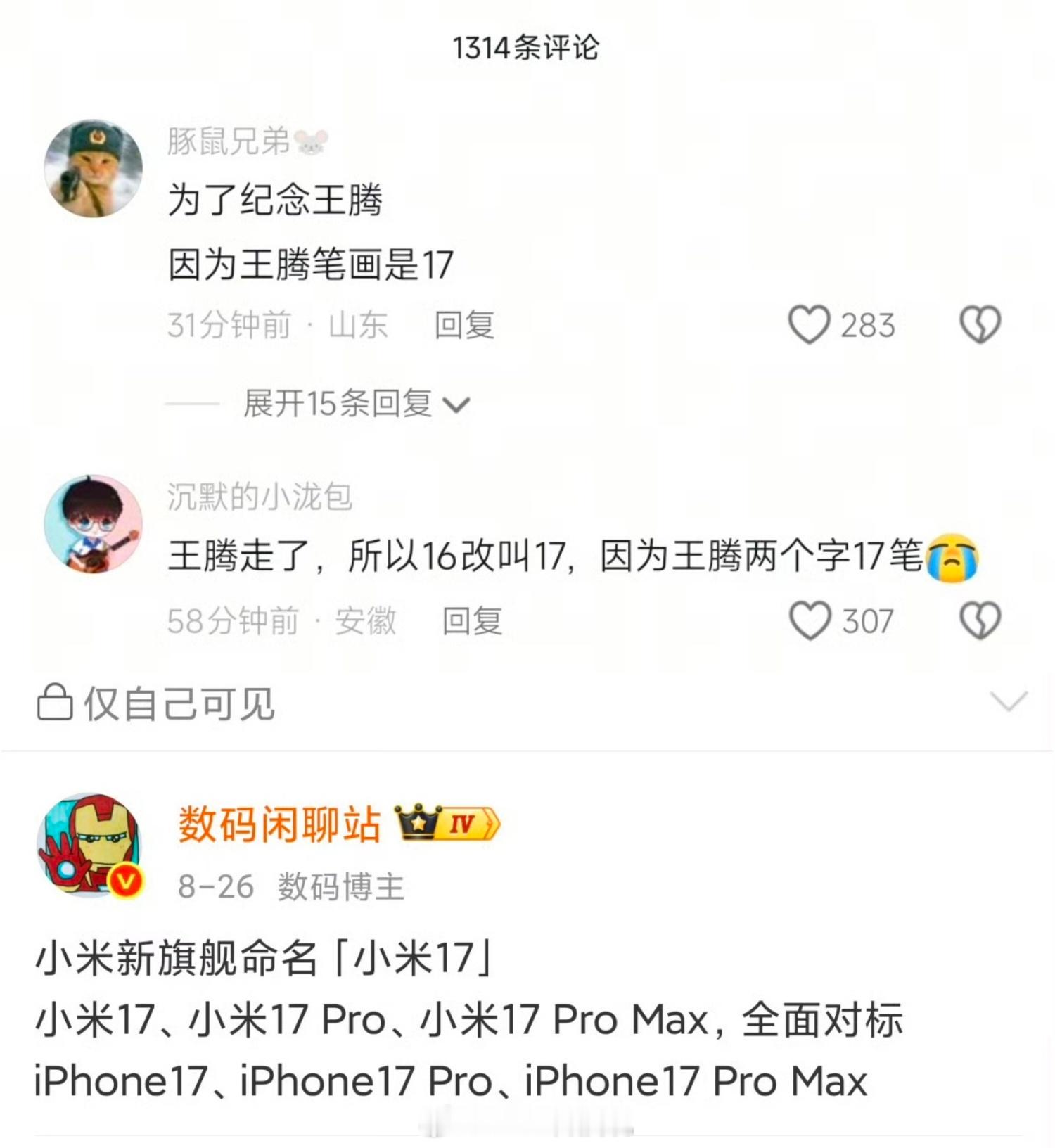 啊，逻辑鬼才！小米17 王腾王腾名字17笔，然后用小米17来纪念！这玩笑开大了，