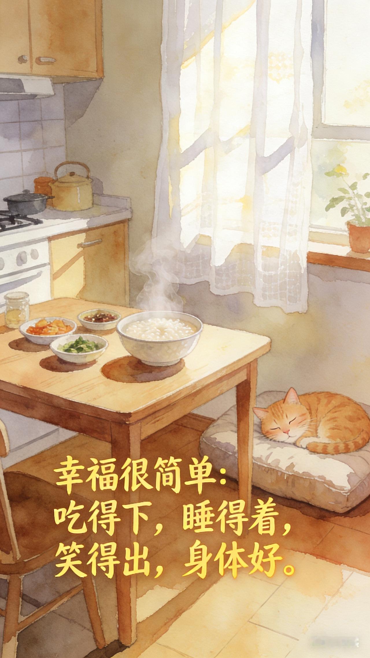 幸福就是：身上无病，心里无事，身边有人，日子安稳。

幸福很简单：吃得下，睡得着