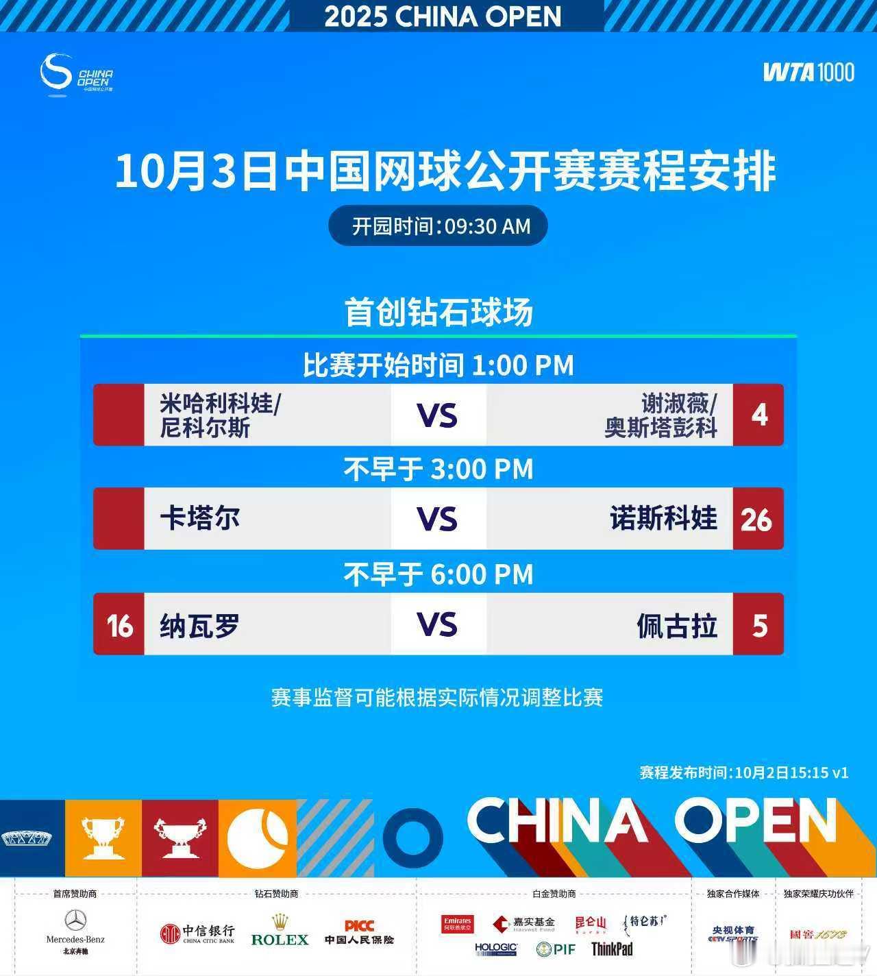 2025中网 明天赛程。女双卫冕冠军保利尼/埃拉尼由于对手退赛已经进入半决赛。 