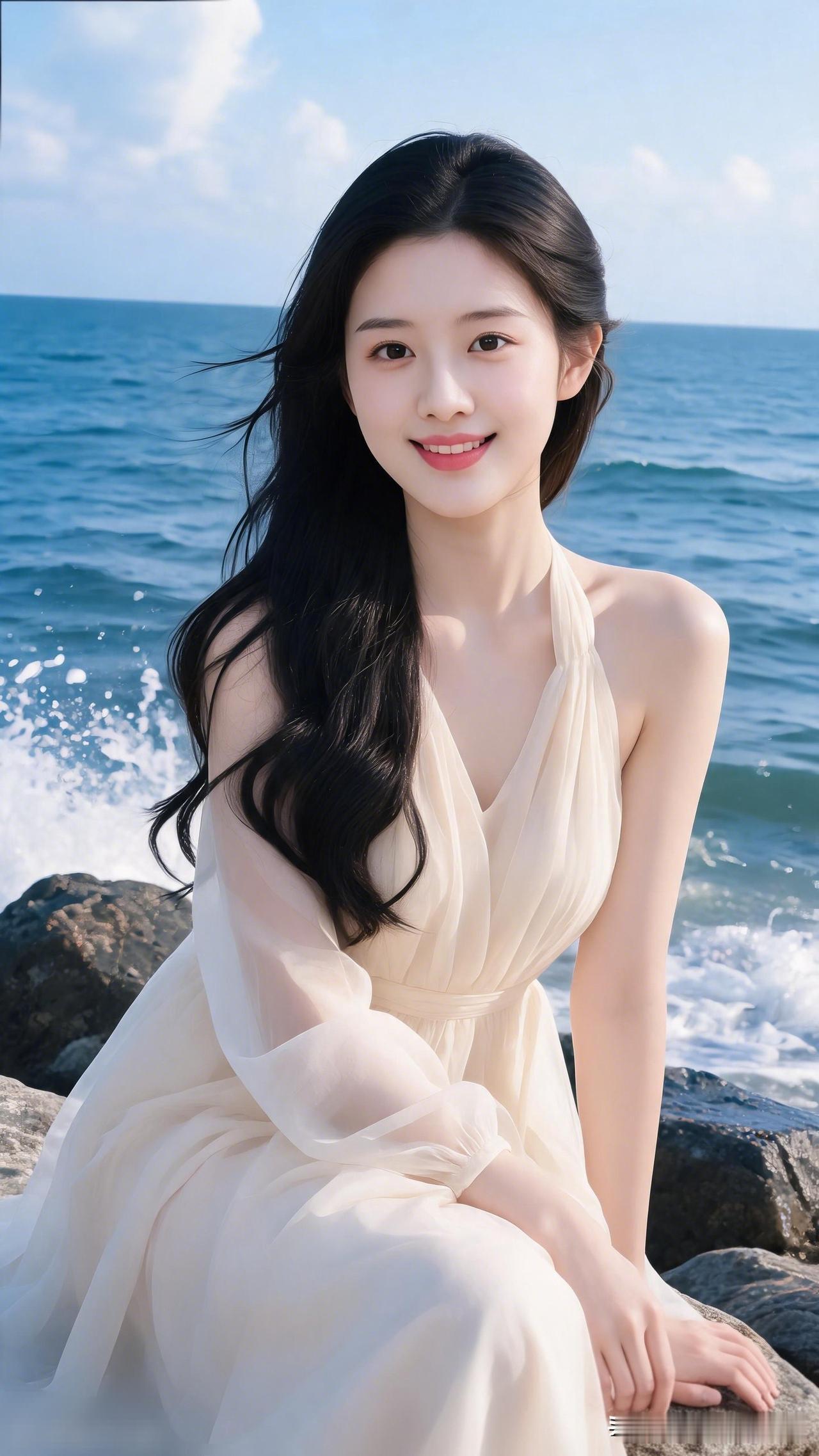 海边少女，温柔时光，海风吹拂，笑靥如花