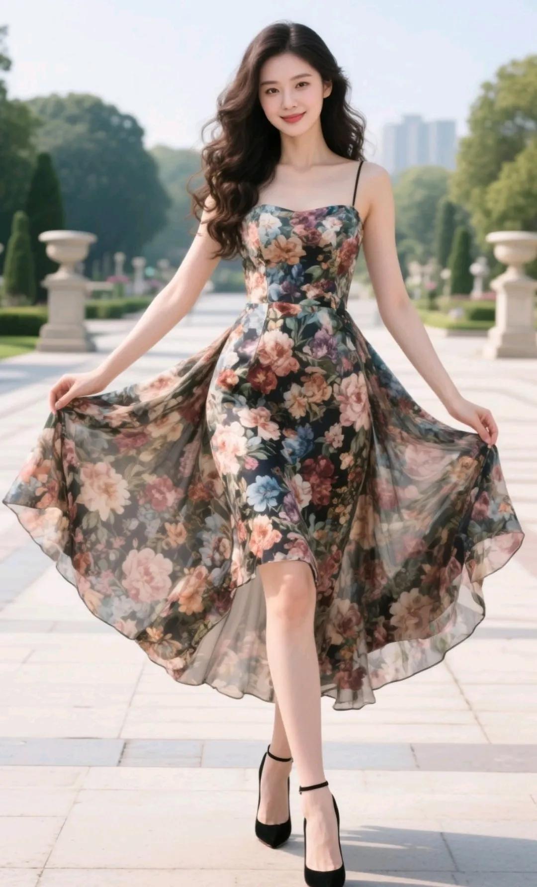 优雅花裙，漫步在阳光下的浪漫时光。