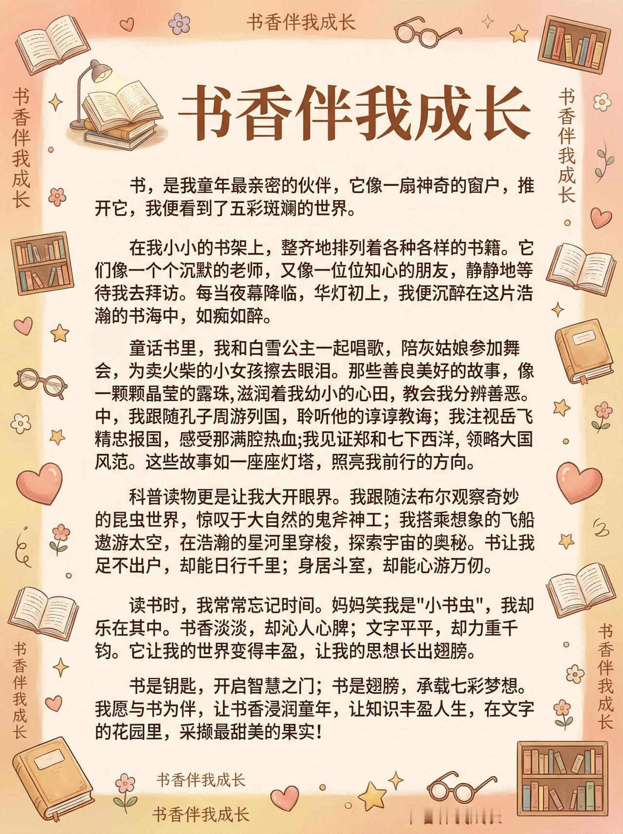 每日晨读美文素材《书香伴我成长》

书，是我童年最亲密的伙伴，它像一扇神奇的窗户