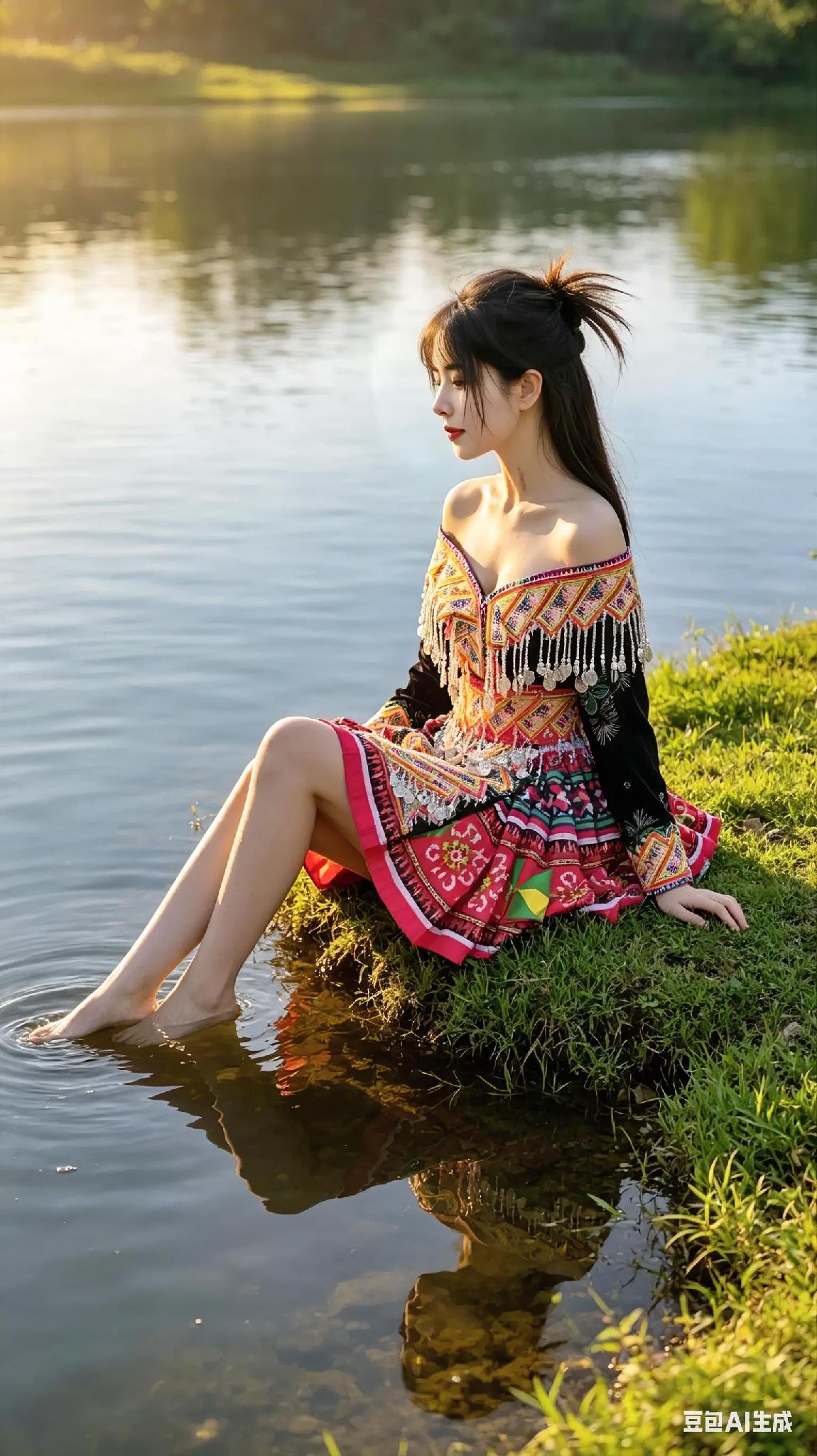 一个女孩坐在湖边，穿着漂亮的民族服饰。
湖边美女照 
民族姑娘自拍 
湖畔民族风