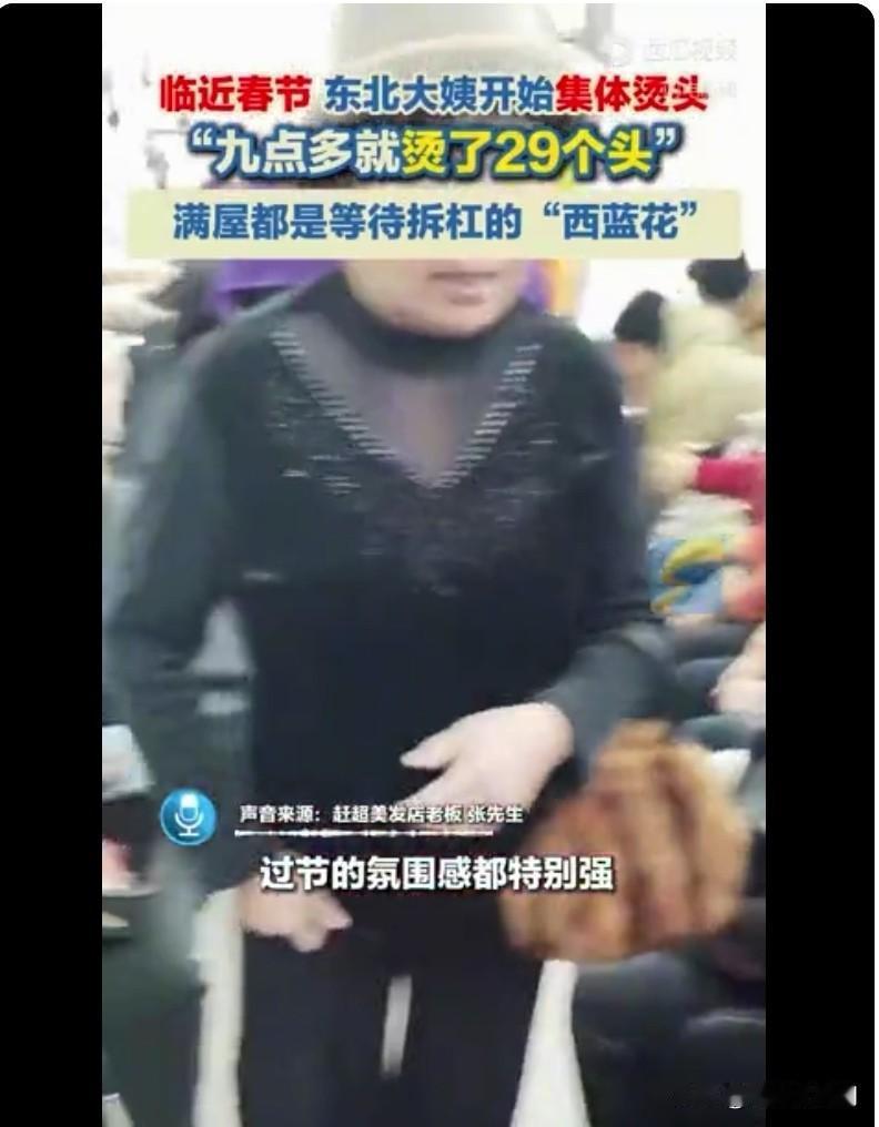 东北大姨的过年仪式感

有段视频讲述了东北大姨的过年仪式感：排队去烫头。

一家