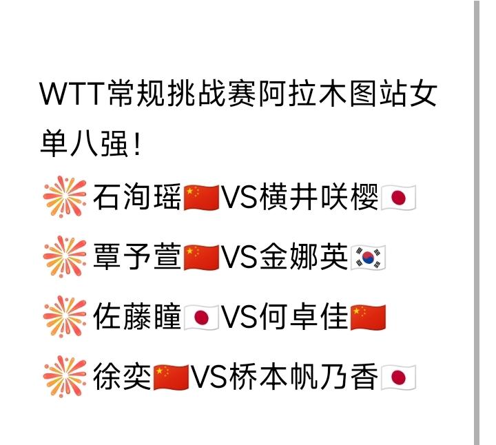 女单八强闪亮登场！
WTT常规挑战赛阿拉木图站女单八强刚刚决出，其对阵情况如图所