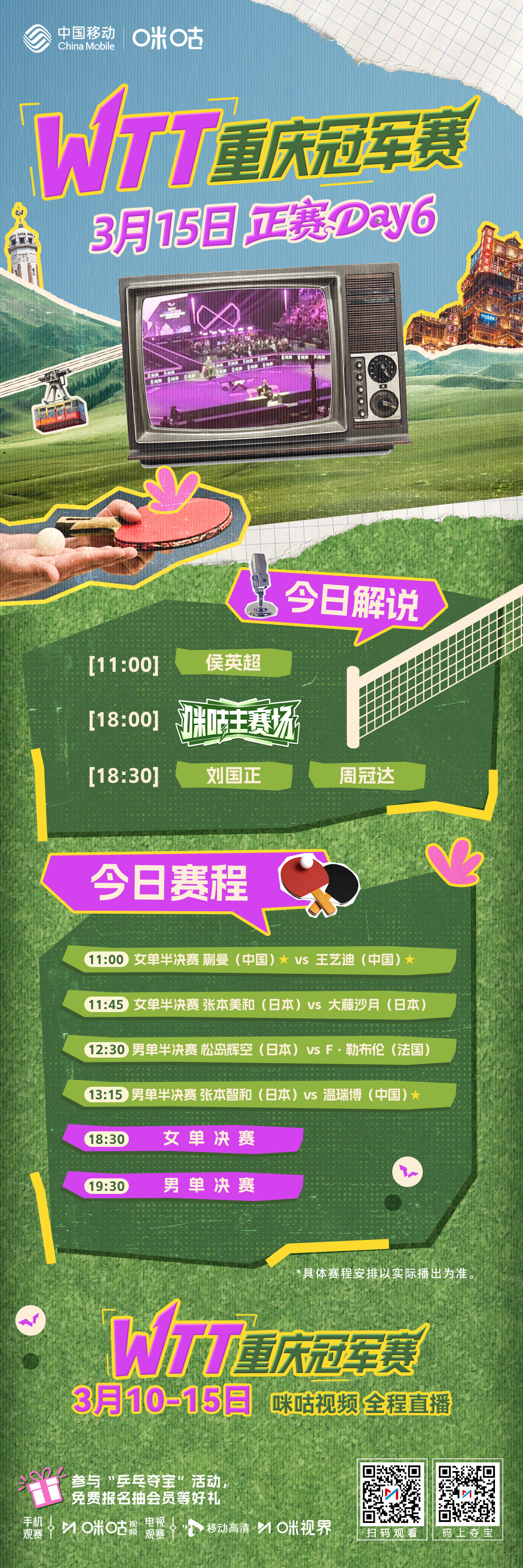 #2026WTT重庆冠军赛# 🔥 正赛Day6️⃣赛程📝 蒯曼王艺迪内战、温