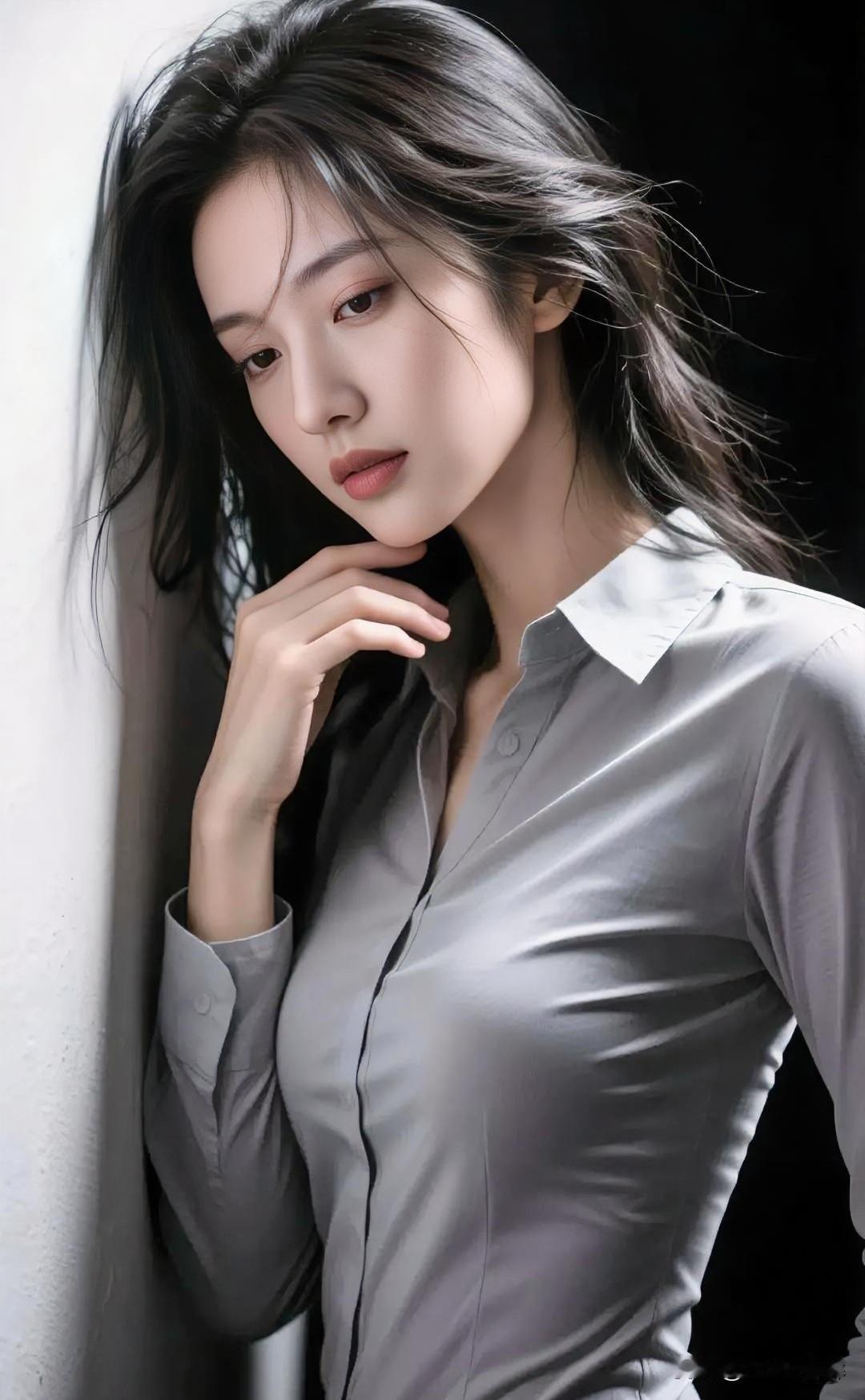 灰衫倚墙添静谧，眸底藏着无尽温柔。