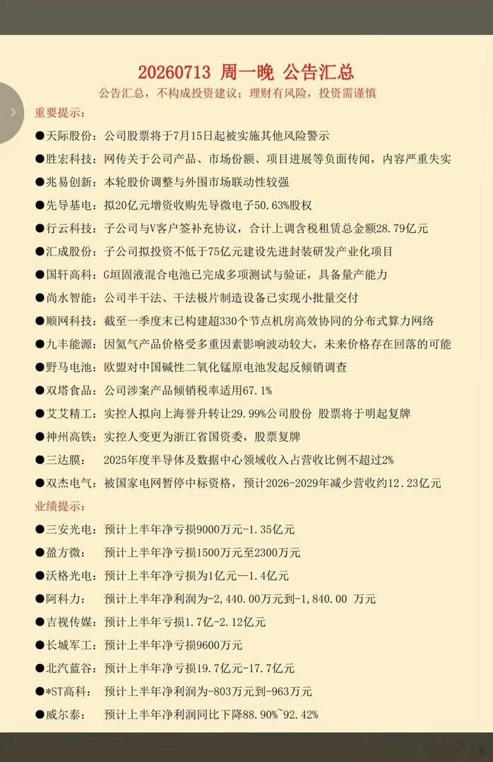 7.13周一晚间  新增：半年报业绩预告！95家公司披露半年报业绩预告！86家公