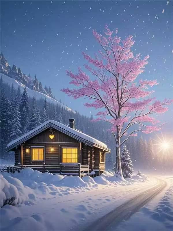 冬日暖屋，粉樱盛开，雪中静谧，心旷神怡。