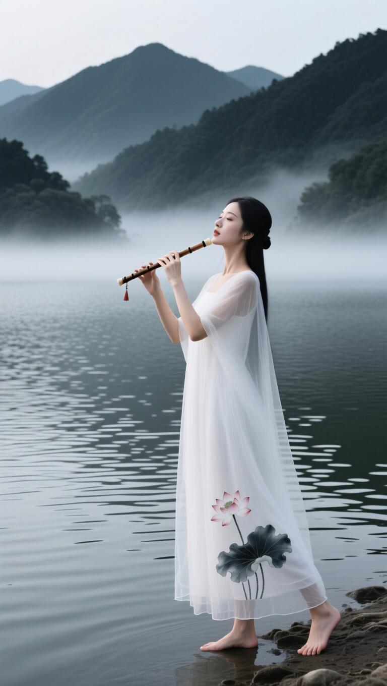 仙气缭绕的湖畔，白衣女子吹箫，如梦如幻。