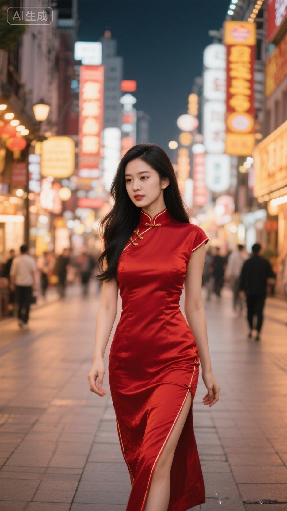 夜色中的东方美人，红裙飘逸，霓虹灯下尽显优雅。