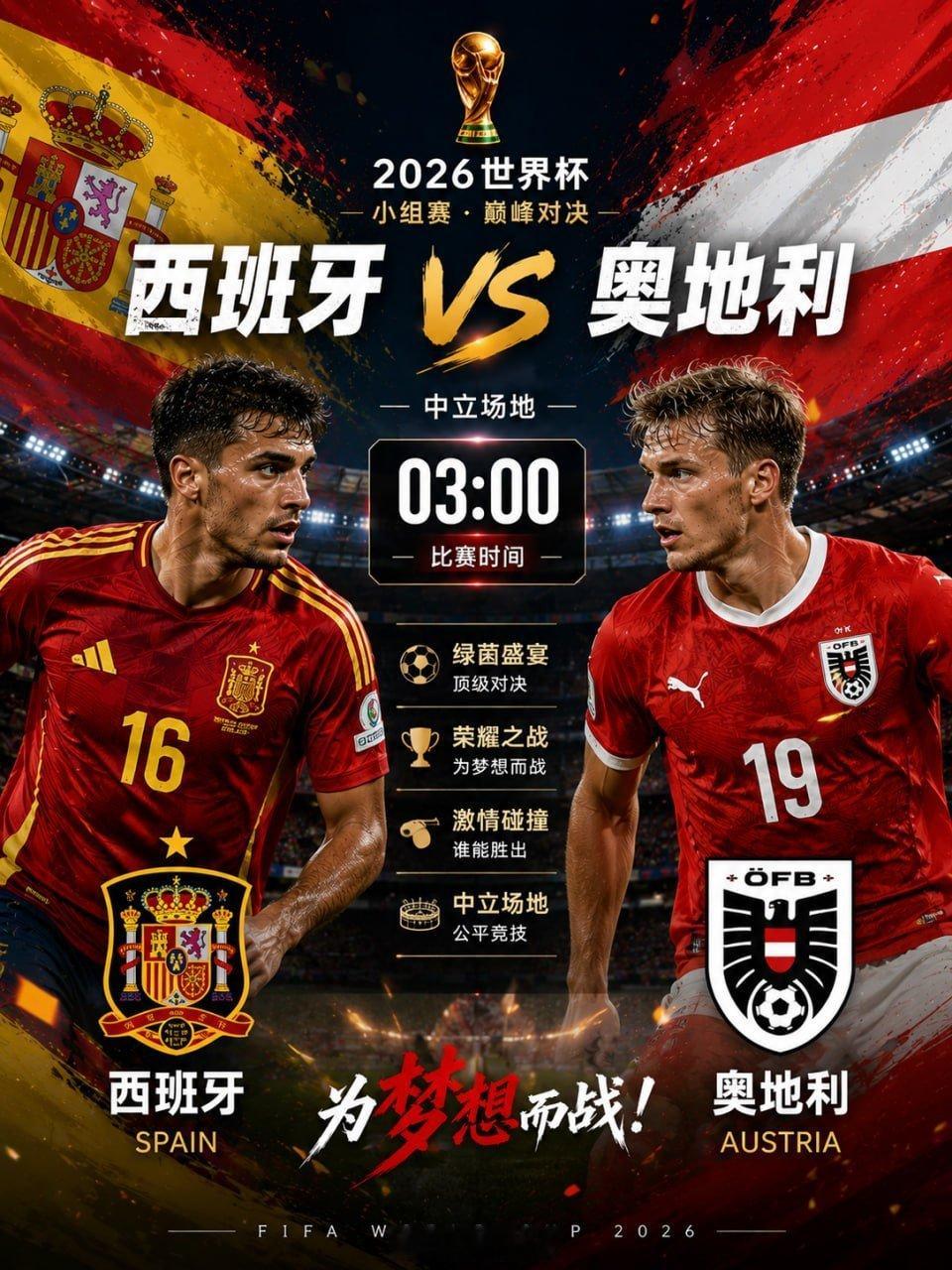 C罗8场世界杯淘汰赛0球0助世界杯 03:00 西班牙(中)-奥地利开球：西班牙