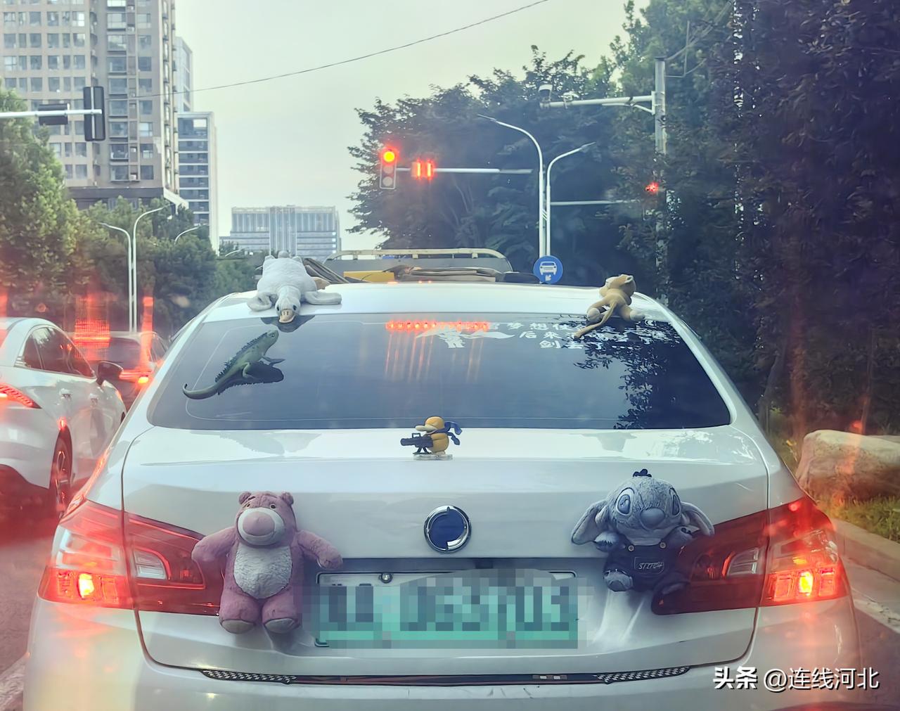 石家庄街头偶遇“玩偶战车”！史迪仔、草莓熊全扒车上 车主太有童心了】在石家庄街头