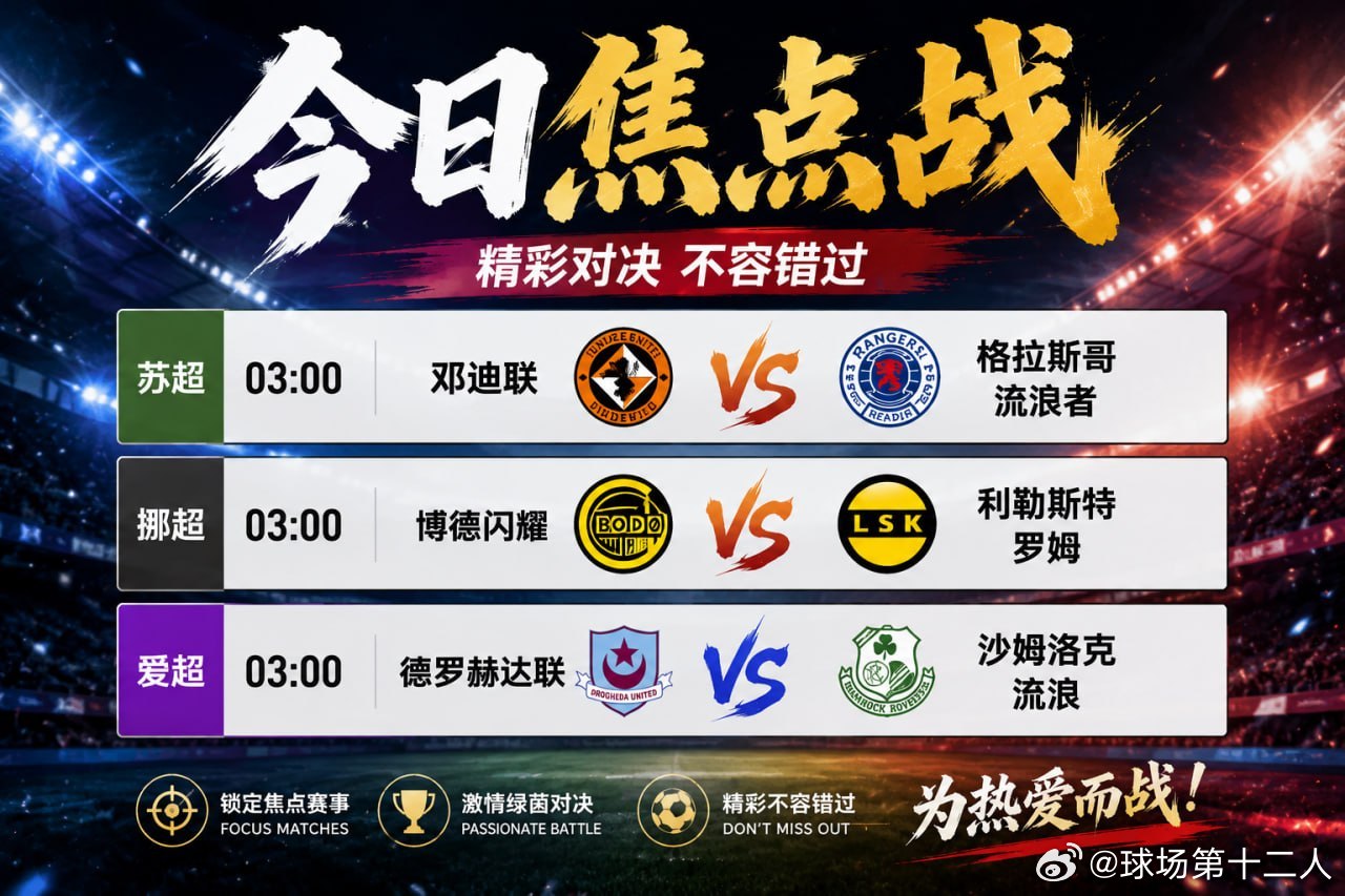 今天凌晨03:00，欧洲赛场迎来三场焦点比赛。邓迪联 VS 格拉斯哥流浪者博德闪