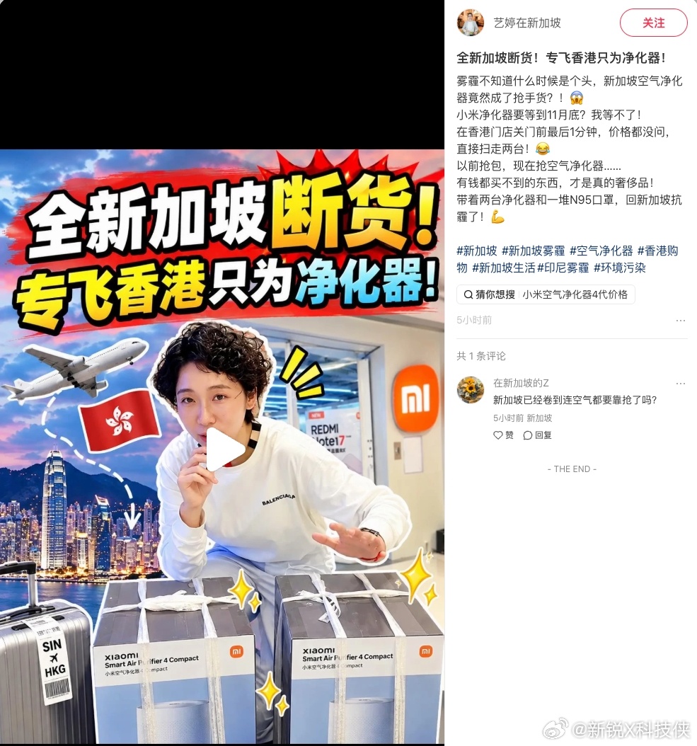 国人开始搬运空气净化器去新加坡了印尼山火带来的烟霾飘到新加坡，当地空气质量直接拉
