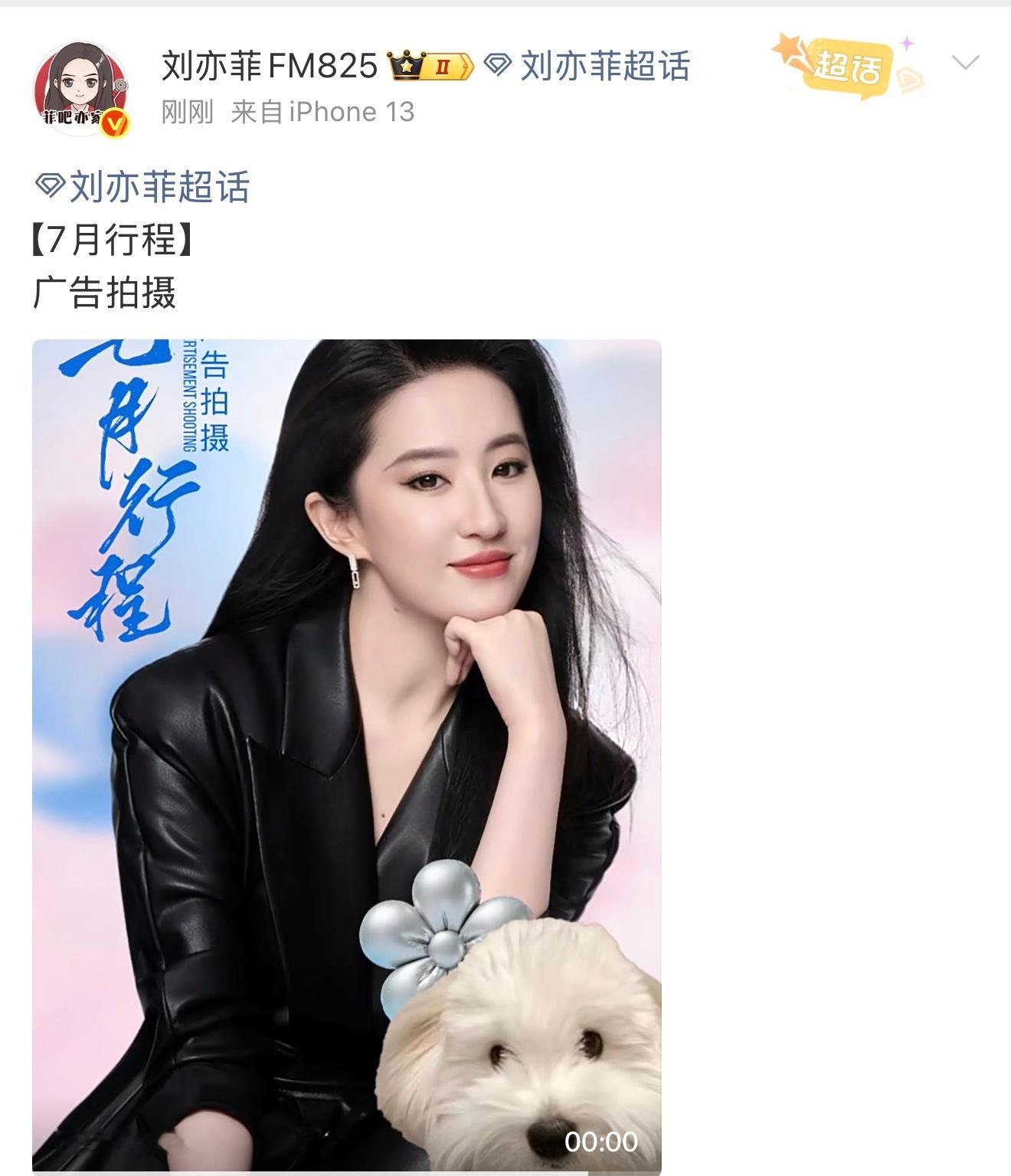 刘亦菲七月行程🈶广告拍摄还带着狗狗哈哈