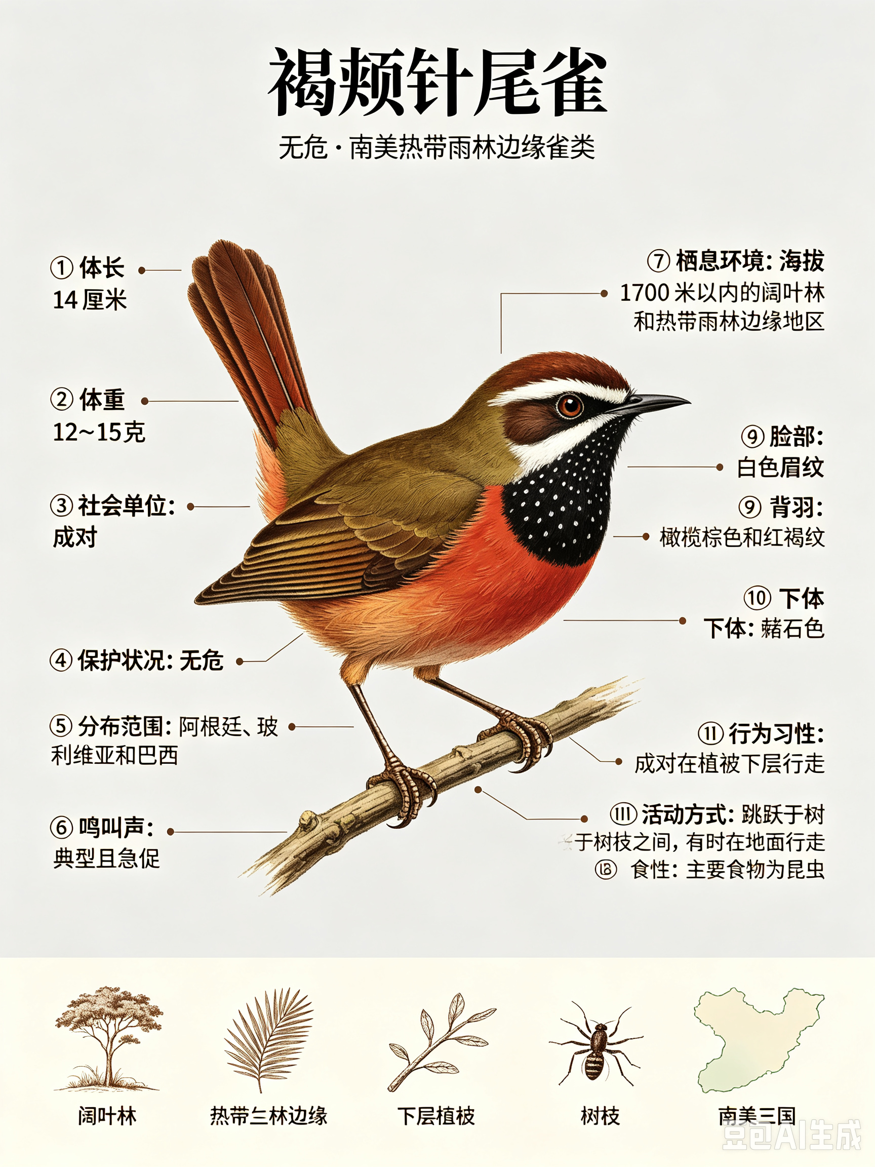 鸟类朋友图鉴 褐颊针尾雀体长：14 厘米体重：12~15 克社会单位：成对保护状