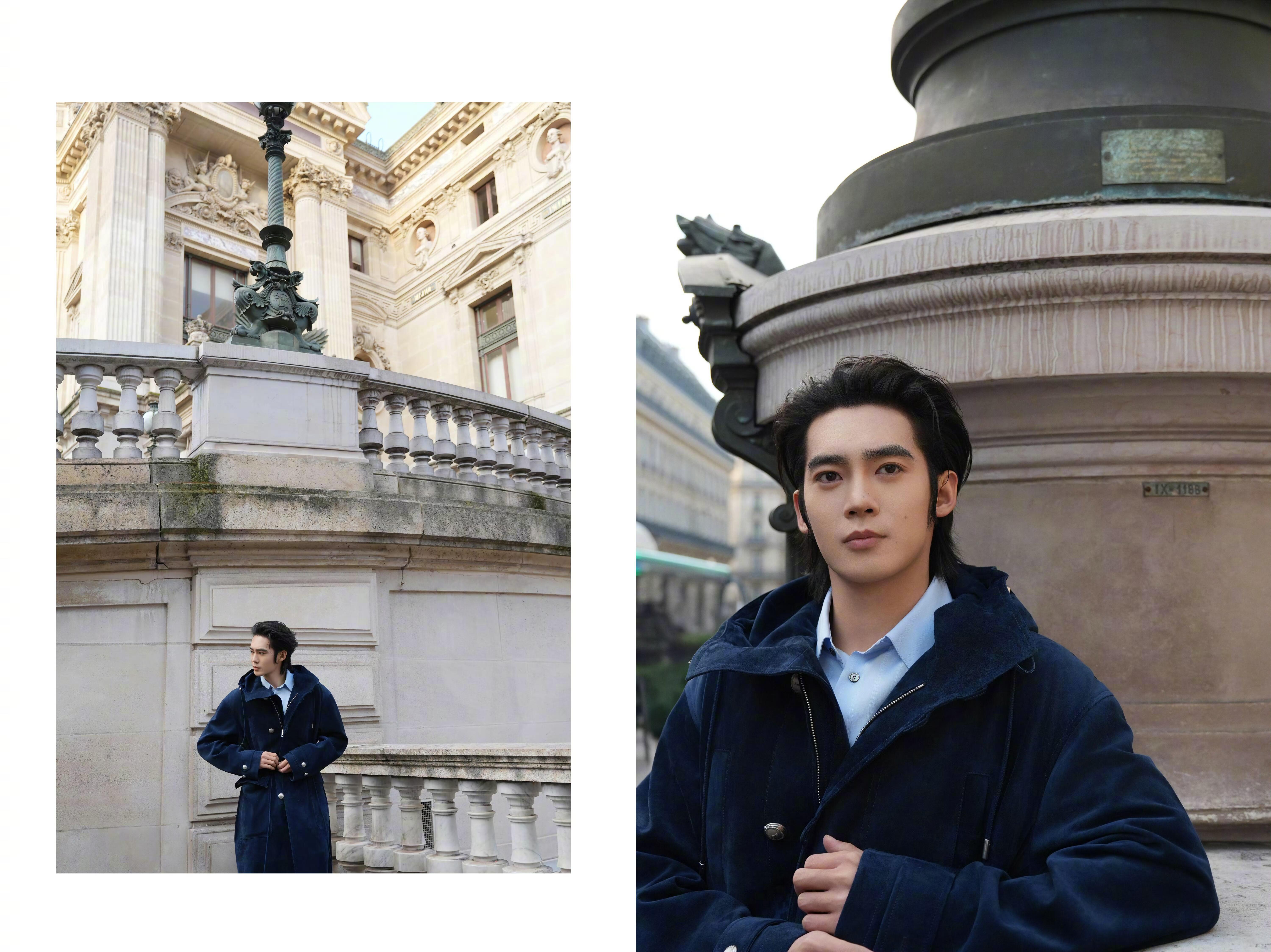 于适漫步巴黎街头的贵公子于适亮相巴黎时装周，身着墨蓝色长款大衣，内搭浅蓝色衬衫，