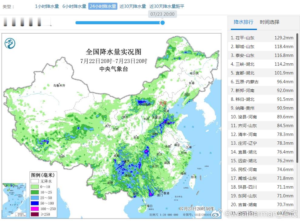 【强降雨】昨晚到今天，降雨分布广泛，内蒙古河套一带降雨明显增强，部分站点出现暴雨