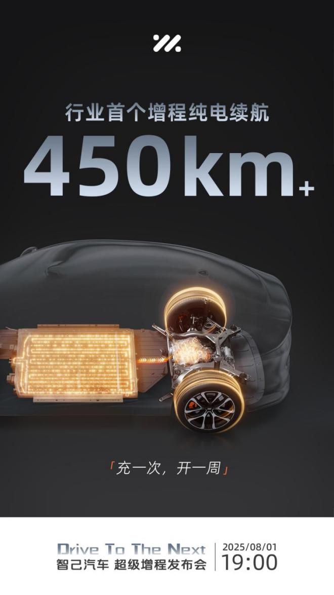 昨天，智己官宣，智己超级增程纯电续航超450KM 
8月1日19:00，智己汽车