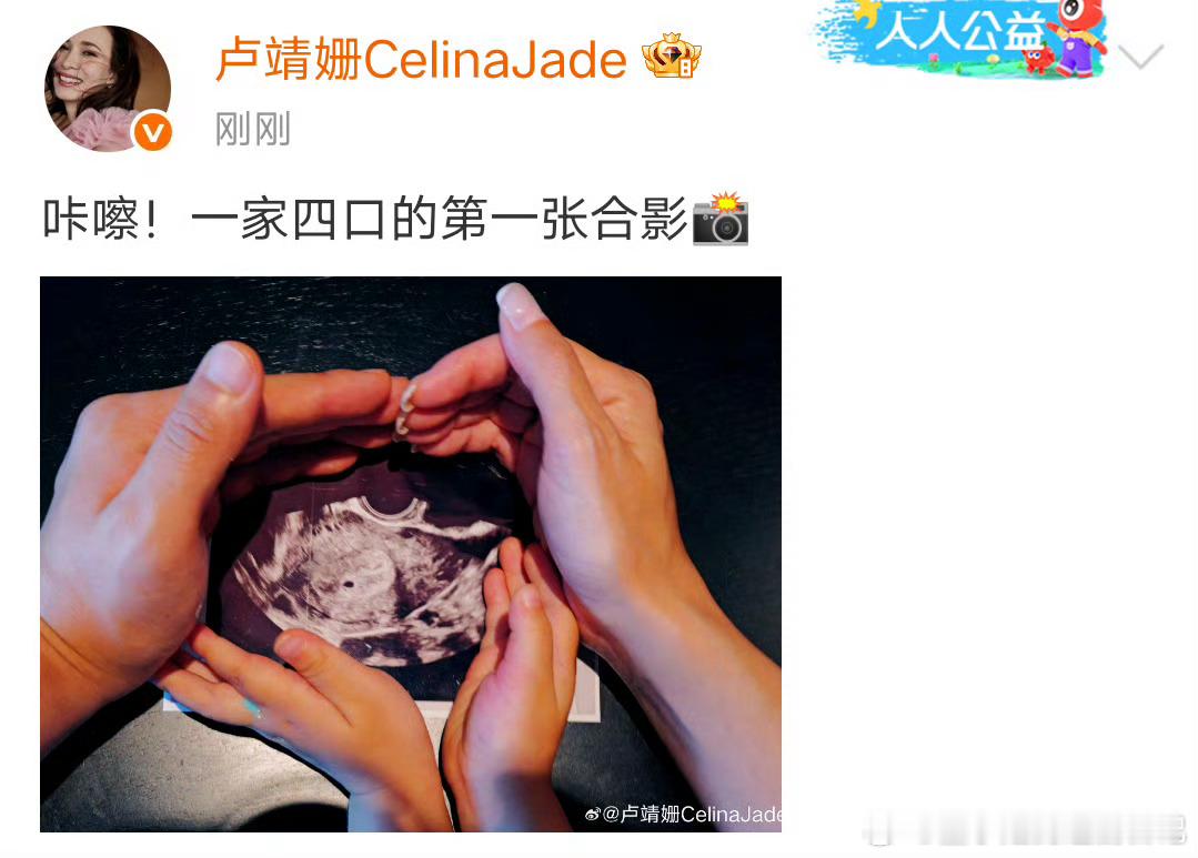 卢靖姗晒一家四口的第一张合影卢靖姗在微博晒出一家四口第一张合影，此前在妻子的浪漫