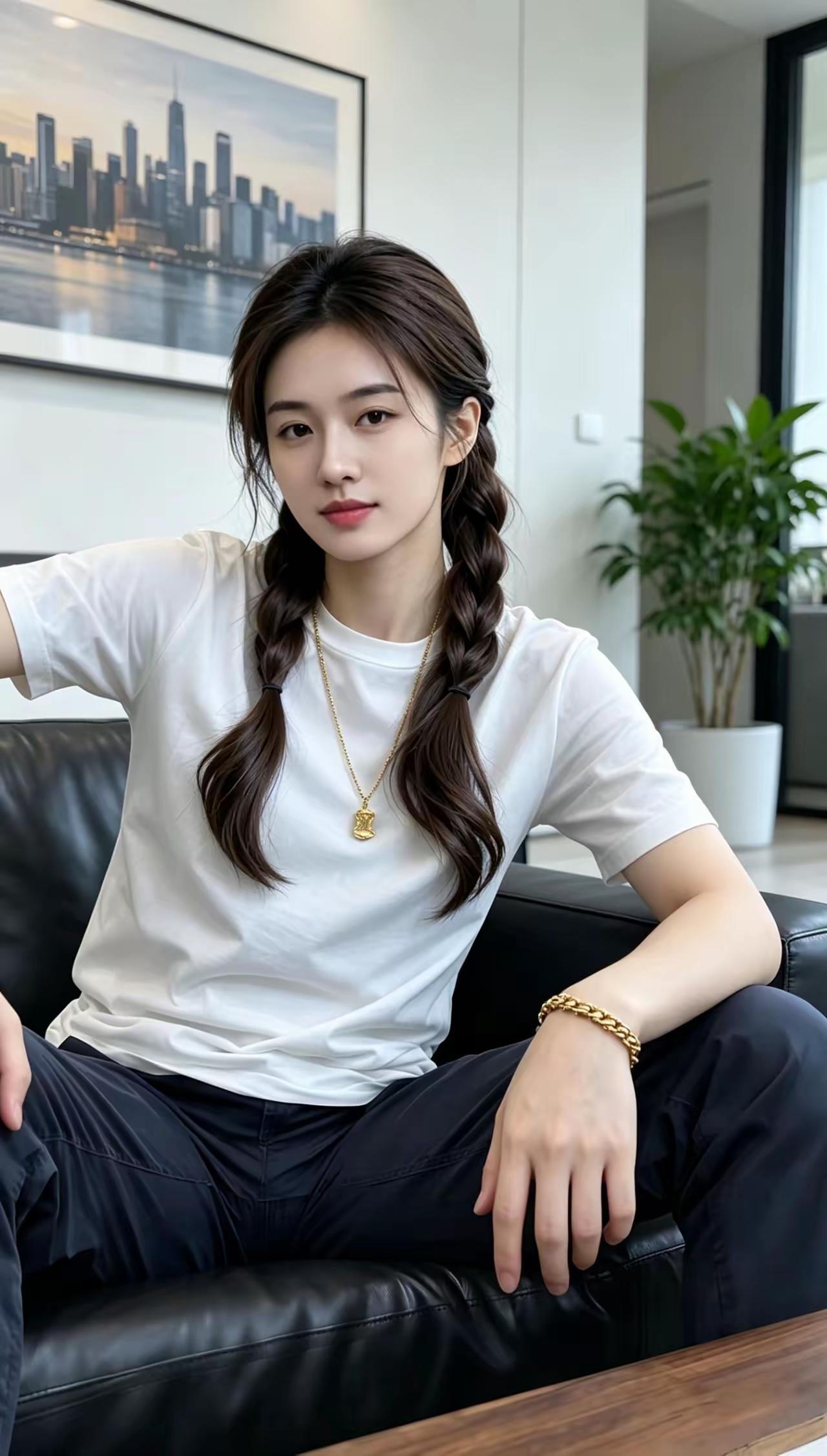 这姑娘坐在沙发上，看着挺舒服。