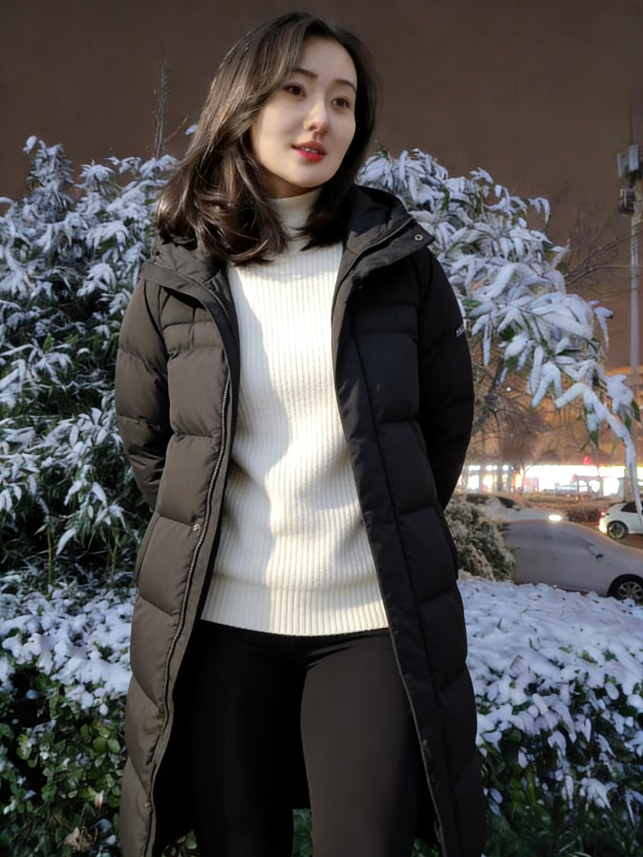 雪覆庭前树，衣披暗夜霜。
羽绒凝素影，毛衣漾柔光。
鬓发随风舞，唇红映雪芳。
车