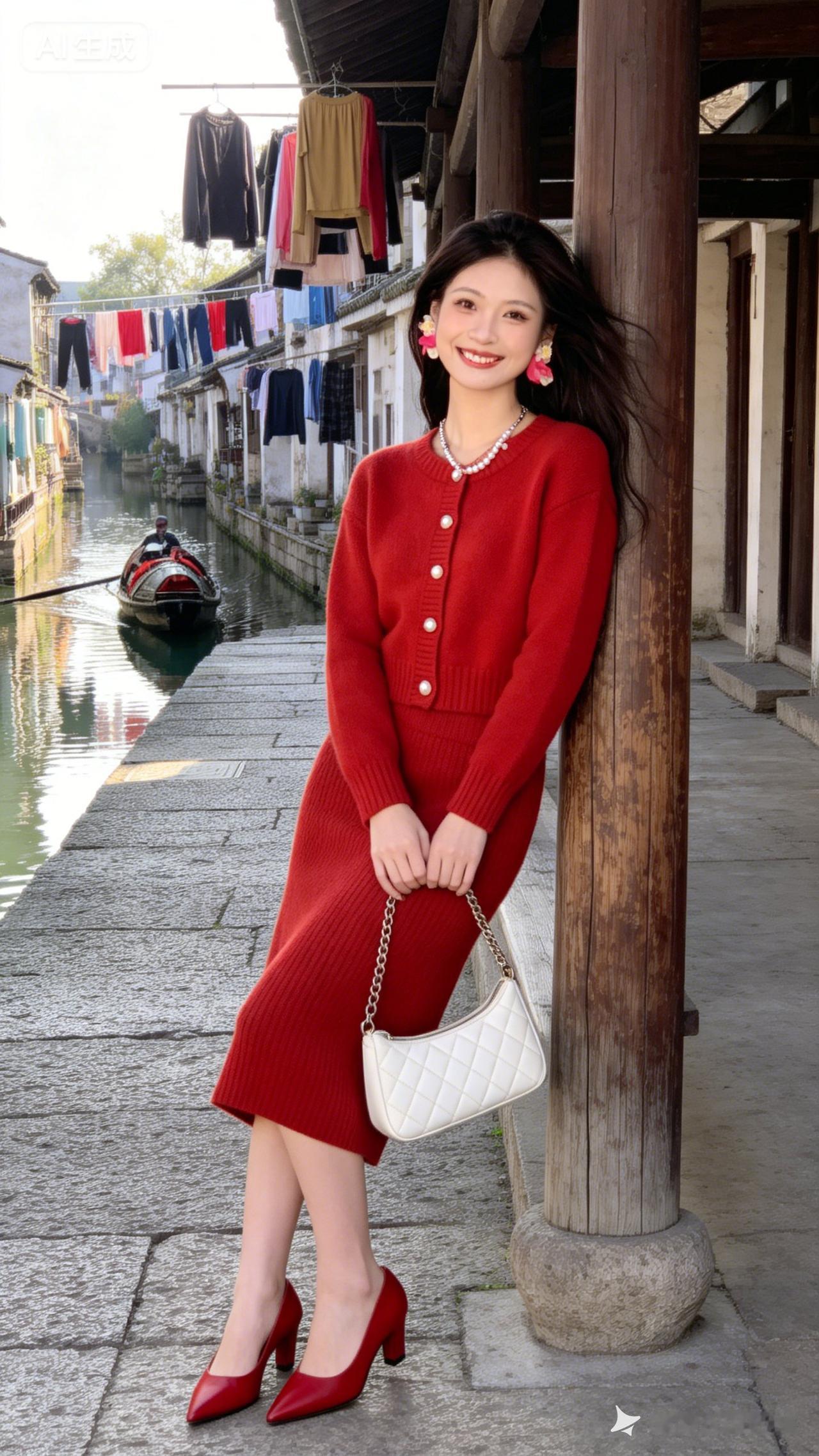 红衣少女倚古桥，水乡韵味扑面来