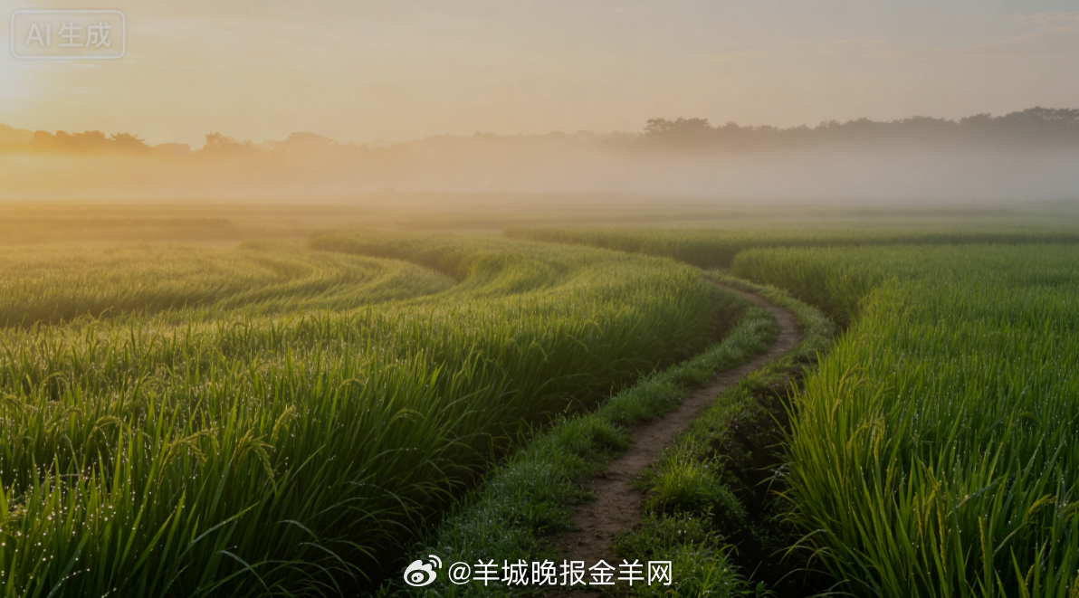 #早安# 盛夏清晨薄雾轻薄，连片稻田漾着青绿色波浪，田埂间凉风习习。慢悠悠漫步其