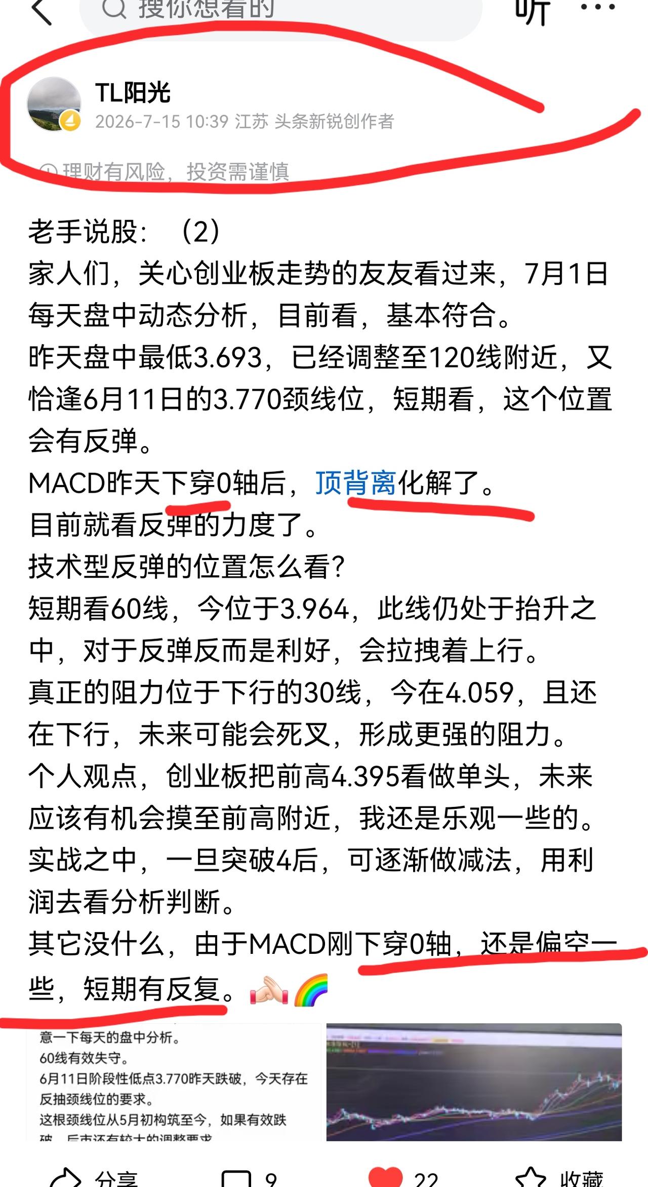 老手说股：（2）
家人们，继续讲创业板。
昨天已经讲了，MACD已经下穿0轴，日