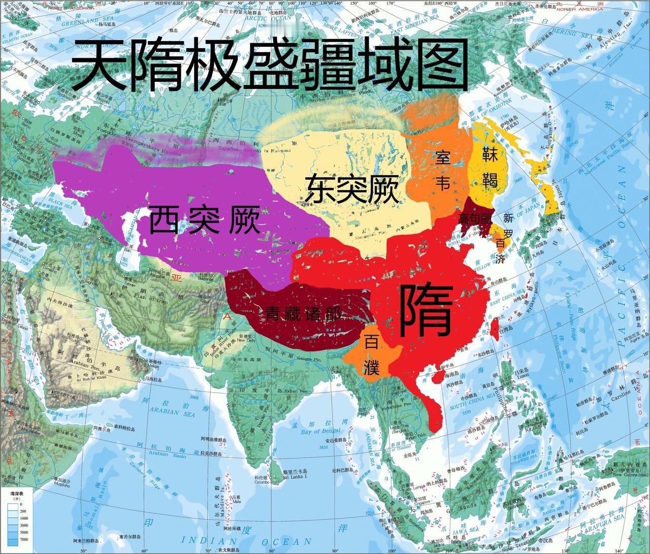 ？
隋朝疆域极盛在1500万—2000万平方公里
北至：东突厥称臣，北越贝加尔湖