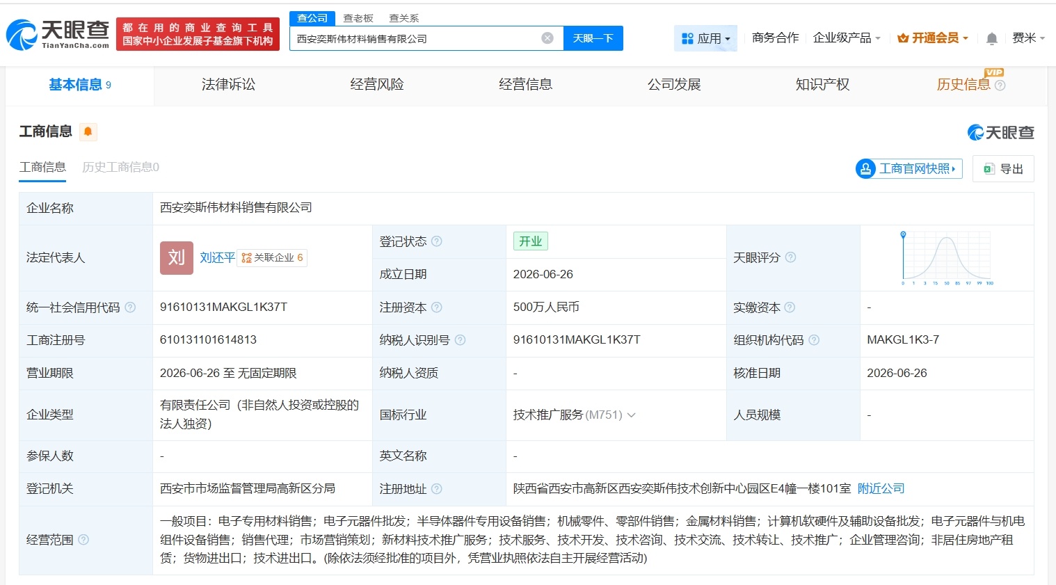 【西安奕材成立新销售公司 注册资本500万】财报研究社Pro讯，天眼查App显示
