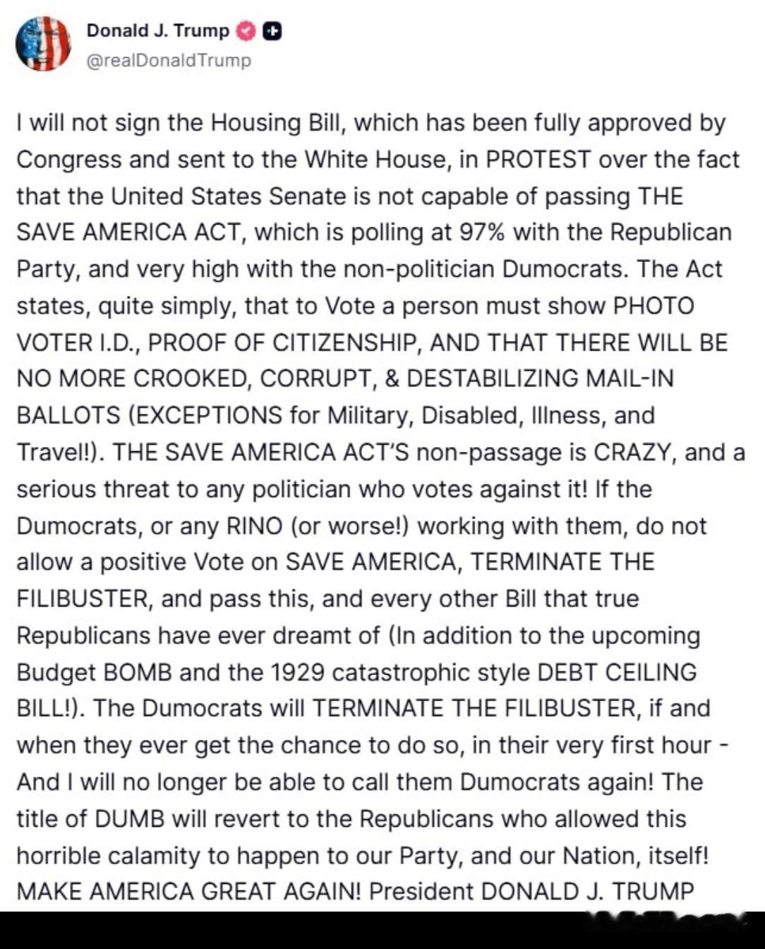⚡️🇺🇸美国总统特朗普宣布拒绝签署住房法案，以此抗议美国参议院未通过《拯救美