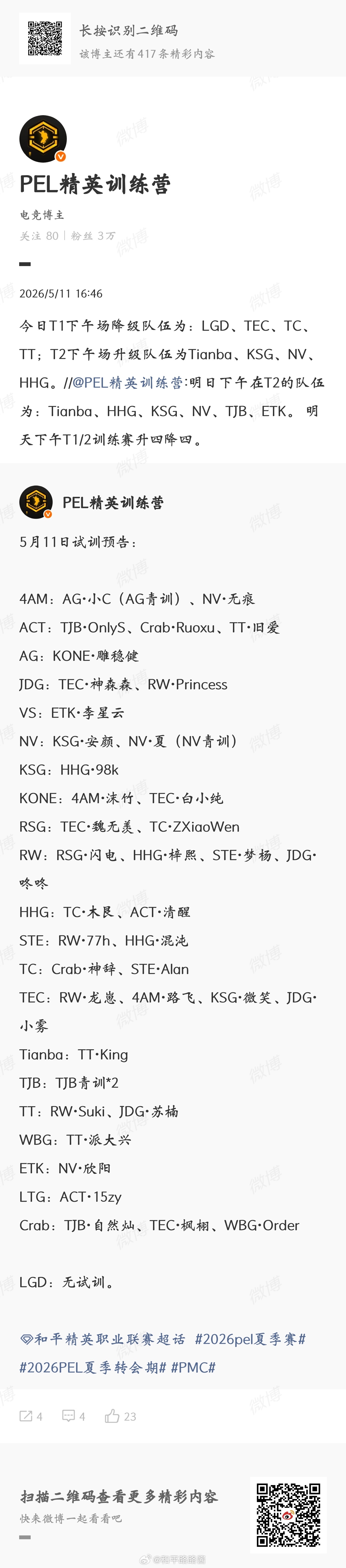 今日T1下午场降级队伍为：LGD、TEC、TC、TTT2下午场升级队伍为Tian