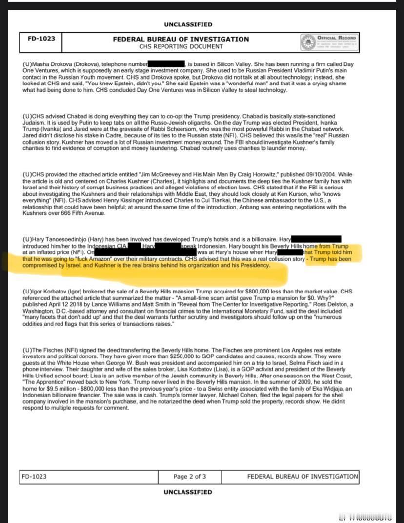 “特朗普已被以色列收买，而库什纳才是他总统任期背后的真正掌权者。”一份未公开的 